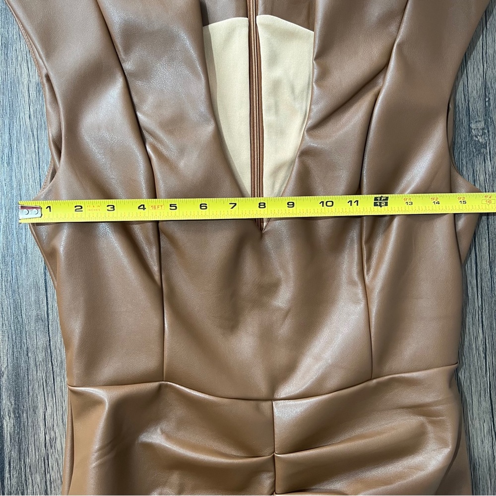 Micas Ruched Faux Leather V-Neck Bodycon Mini Dress Brown Size M - Picture 14 of 15